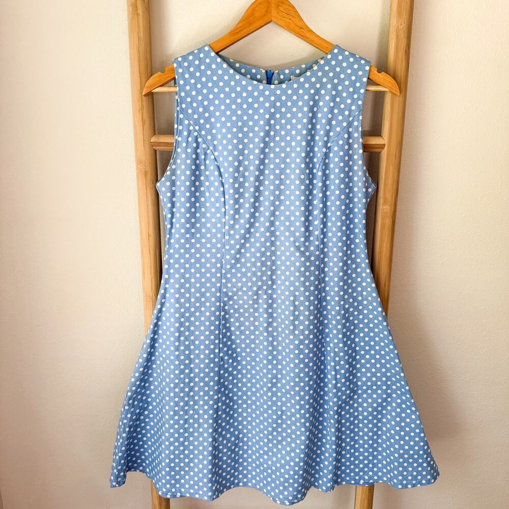 Compania Fantastica Blue White Polka Dot Fit Flare Mini Dress Size Medium